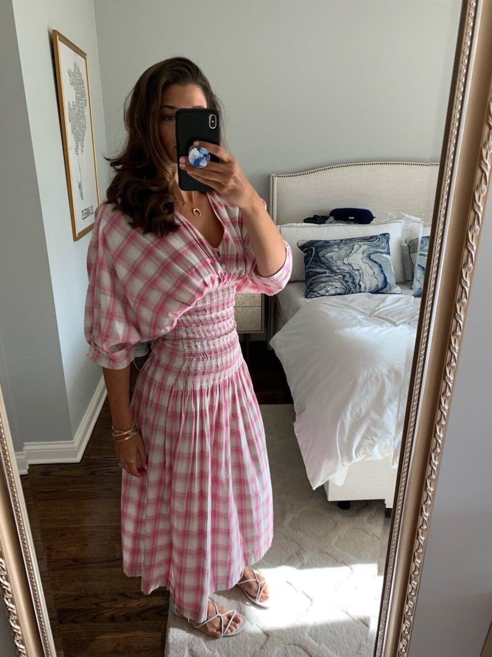 NICHOLAS Pink White Gingham Woven V-Neck Smoked Panel Dress Size US 18